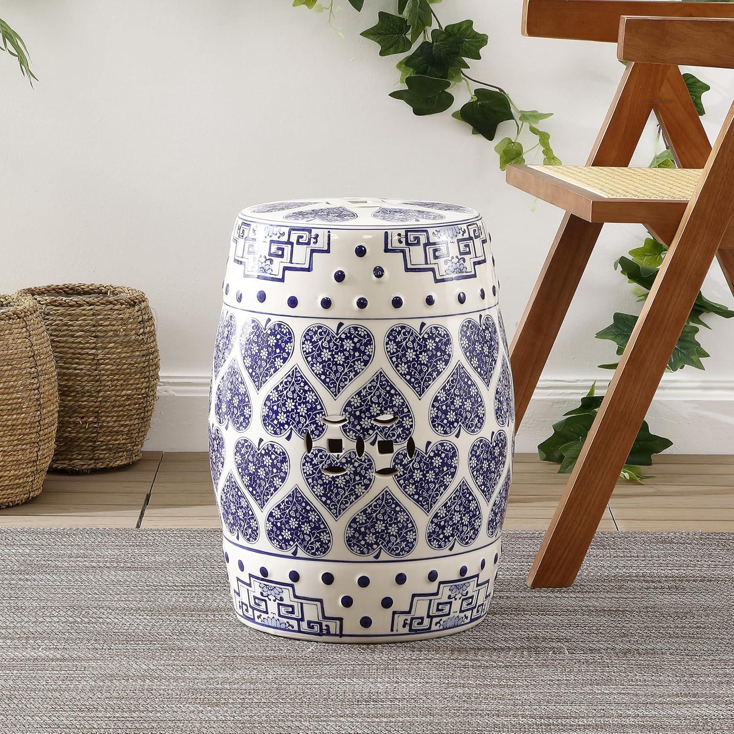 imageJONATHAN Y TBL1014A Happy Hearts 178quot Chinoiserie Ceramic Drum IndoorOutdoor Garden Stool Bohemian Coastal Cottage French Country Traditional Side Table Plant Stand SpillProof BlueWhite