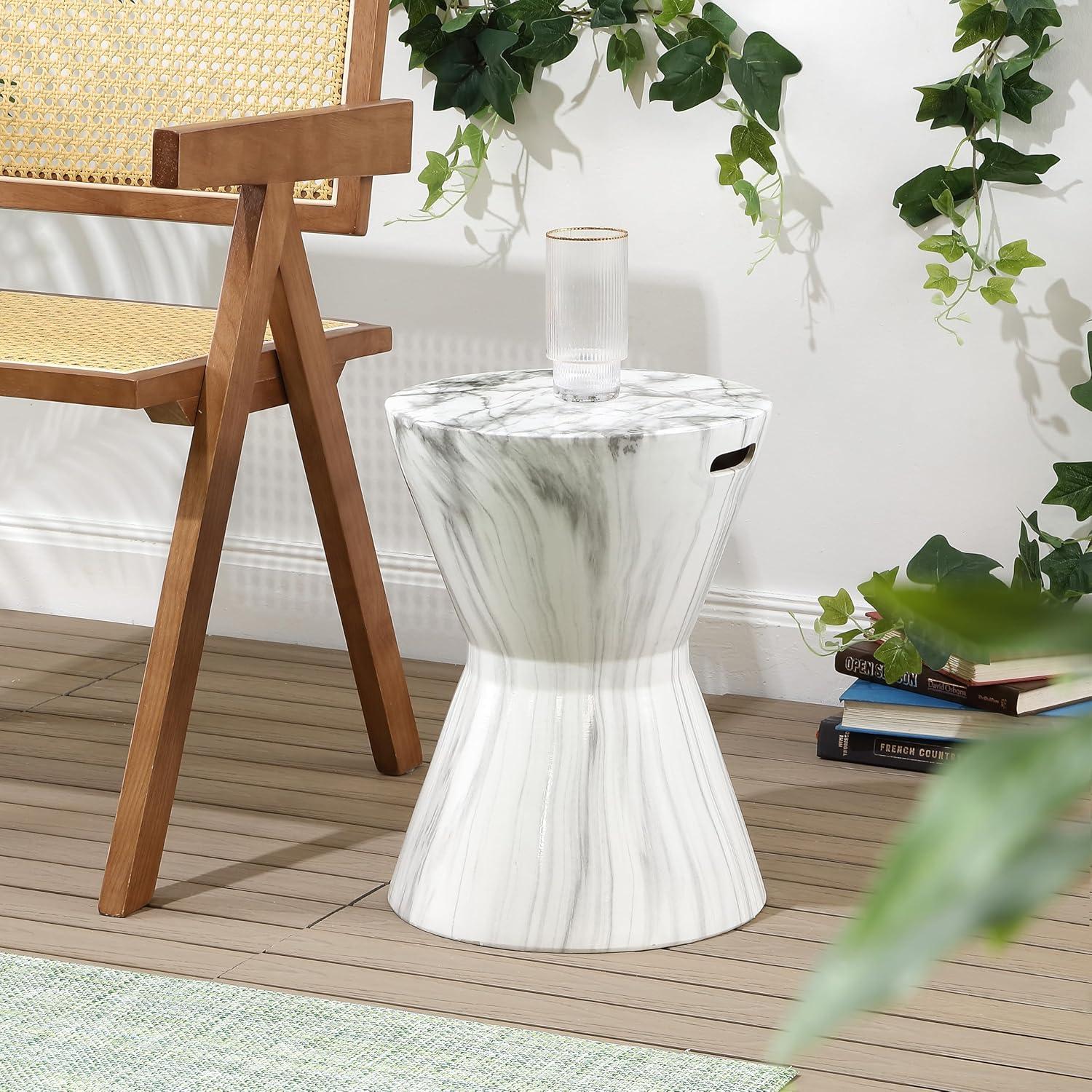 imageJONATHAN Y TBL1020A African Drum 173quot White Marble Finish Ceramic IndoorOutdoor Garden Stool Contemporary Midcentury Modern Scandinavian Side Table Plant StandSpillProof White Marble Finish