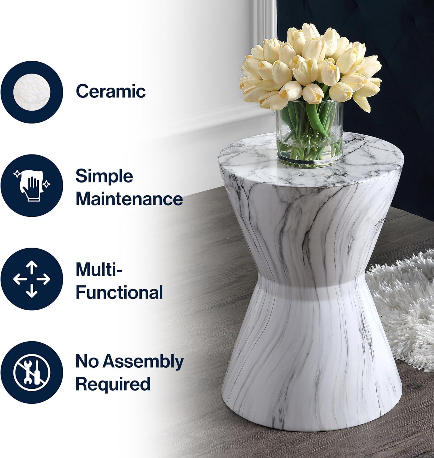 imageJONATHAN Y TBL1020A African Drum 173quot White Marble Finish Ceramic IndoorOutdoor Garden Stool Contemporary Midcentury Modern Scandinavian Side Table Plant StandSpillProof White Marble Finish