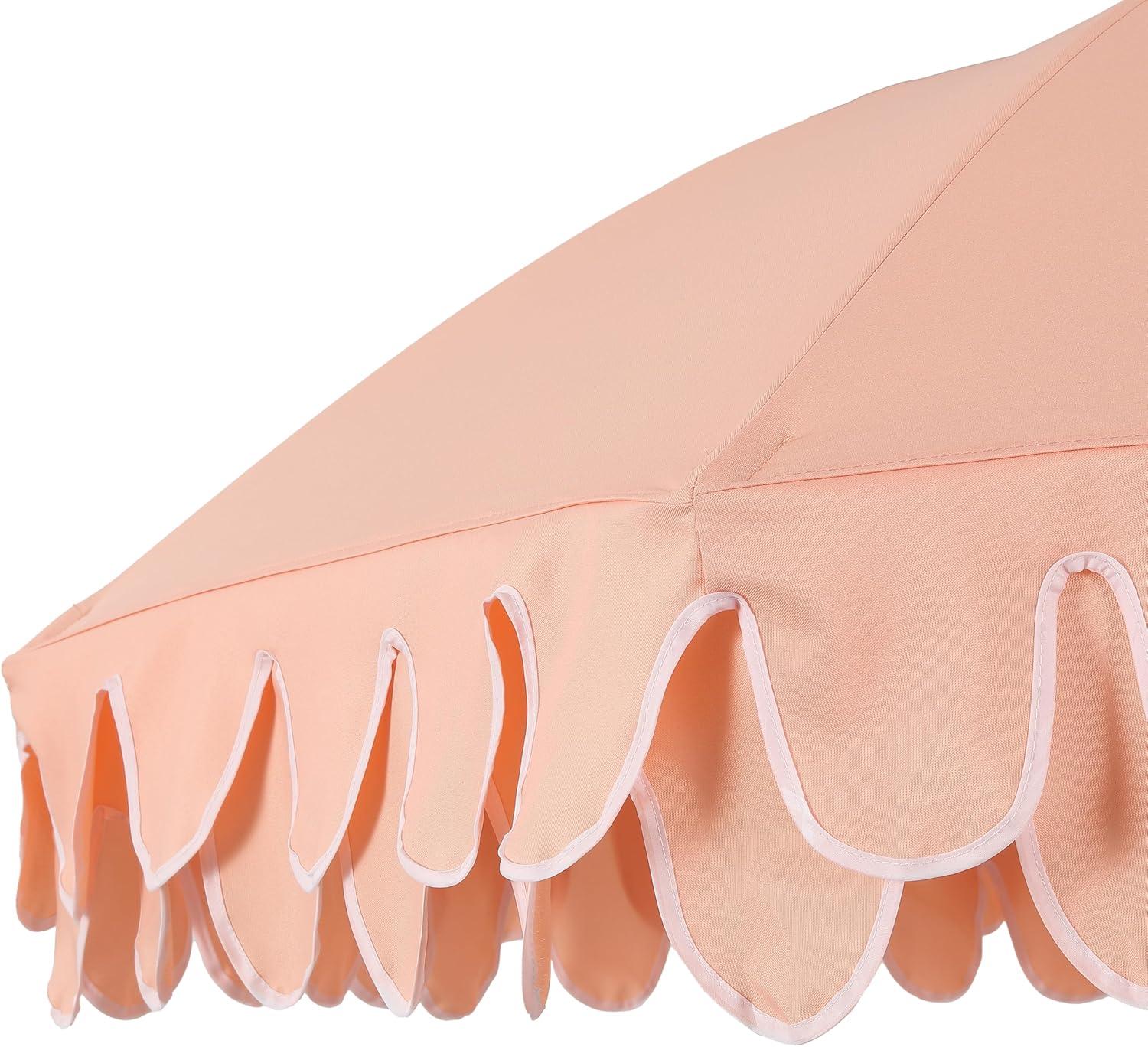 imageJONATHAN Y UMB1004H Horizon 65 ft Classic MidCentury Scalloped Fringe Market Beach Umbrella with PushButton Tilt Wind Vent and UV Protection and Matching Carry Bag in Coral PinkWhite Brown PoleCoral Pink
