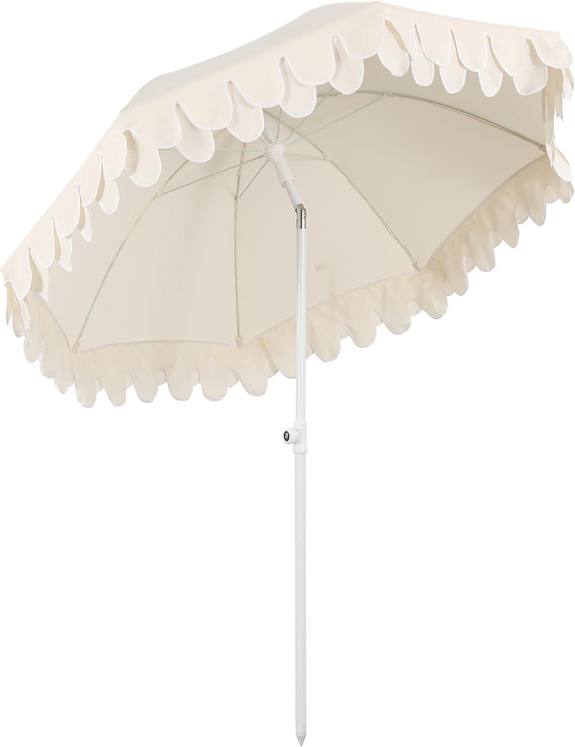 imageJONATHAN Y UMB1004H Horizon 65 ft Classic MidCentury Scalloped Fringe Market Beach Umbrella with PushButton Tilt Wind Vent and UV Protection and Matching Carry Bag in Coral PinkWhite Brown PoleCream