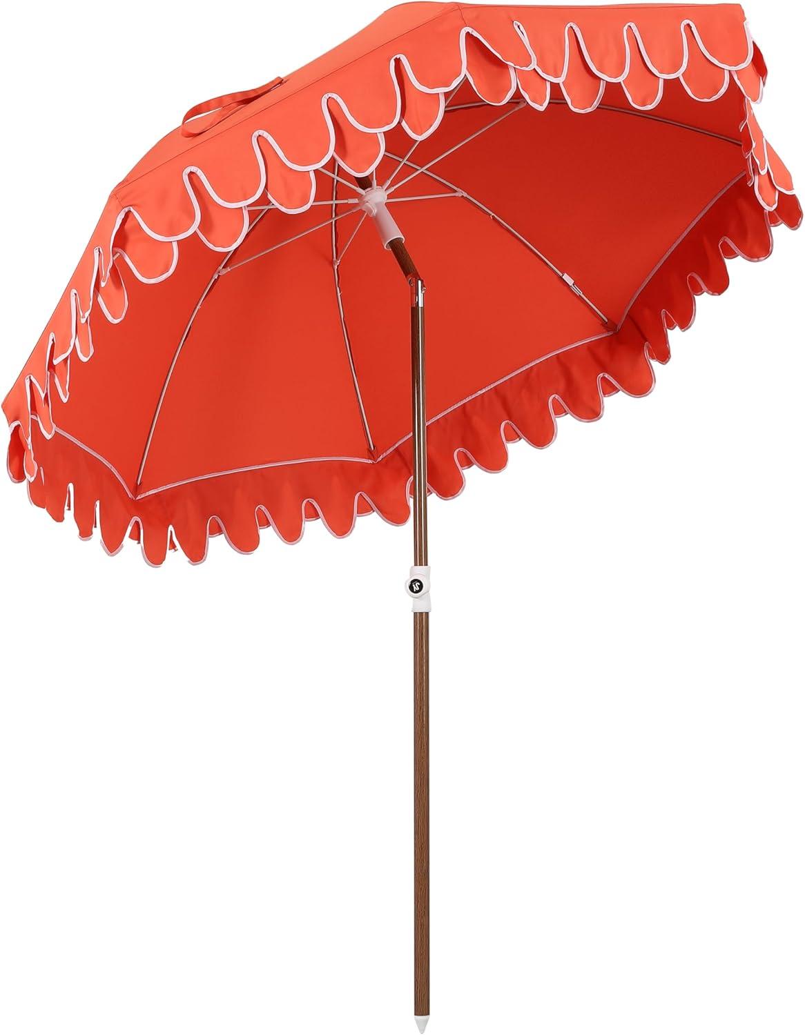 imageJONATHAN Y UMB1004H Horizon 65 ft Classic MidCentury Scalloped Fringe Market Beach Umbrella with PushButton Tilt Wind Vent and UV Protection and Matching Carry Bag in Coral PinkWhite Brown PoleCoral Red