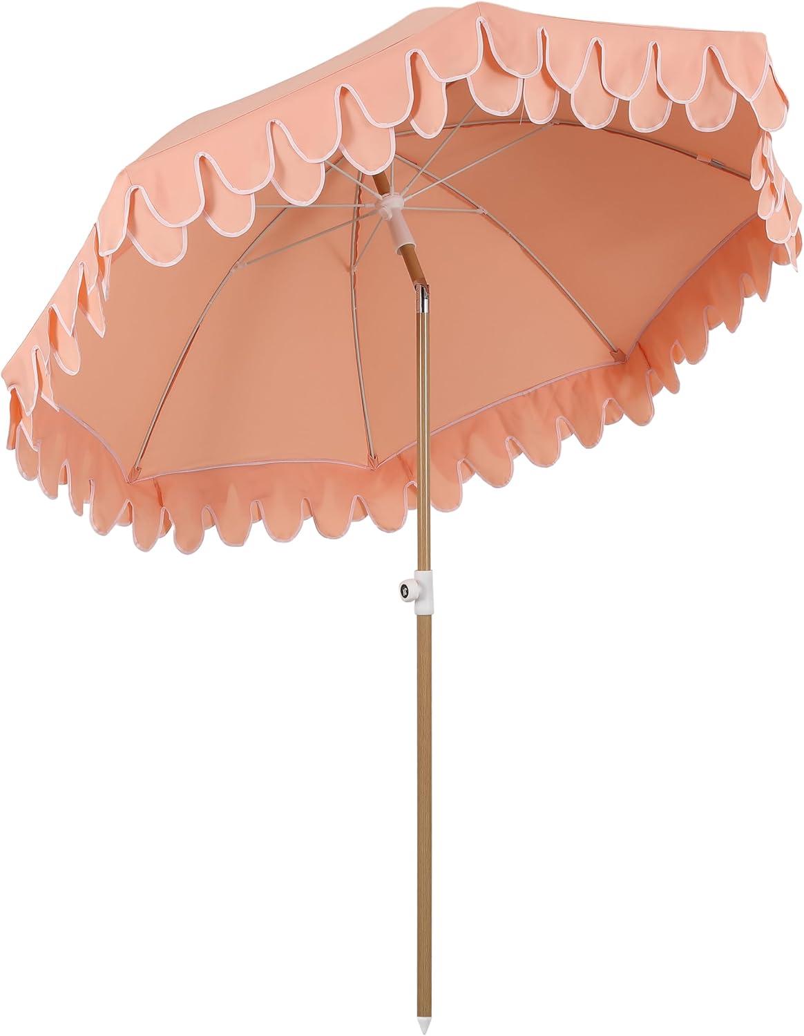 imageJONATHAN Y UMB1004H Horizon 65 ft Classic MidCentury Scalloped Fringe Market Beach Umbrella with PushButton Tilt Wind Vent and UV Protection and Matching Carry Bag in Coral PinkWhite Brown PoleCoral Pink