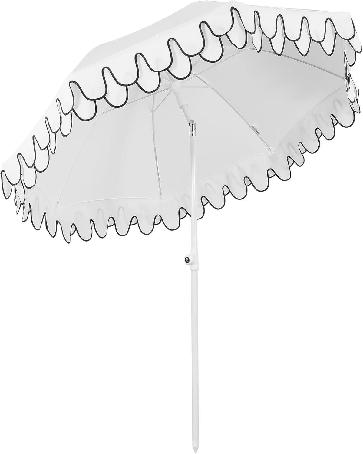 imageJONATHAN Y UMB1004H Horizon 65 ft Classic MidCentury Scalloped Fringe Market Beach Umbrella with PushButton Tilt Wind Vent and UV Protection and Matching Carry Bag in Coral PinkWhite Brown PoleWhite