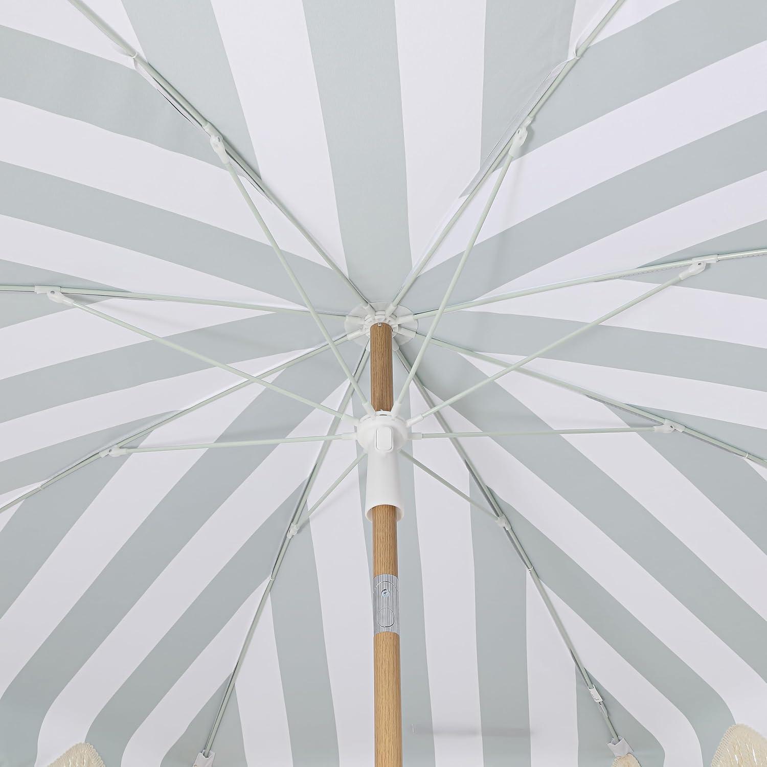 imageJONATHAN Y UMB1005E Mariner 65 ft Classic Cottage Fringe Tassel Market Beach Umbrella with Push Button Tilt Wind Vent and UV Protection and Matching Carry Bag in Cream White PoleGreenWhite