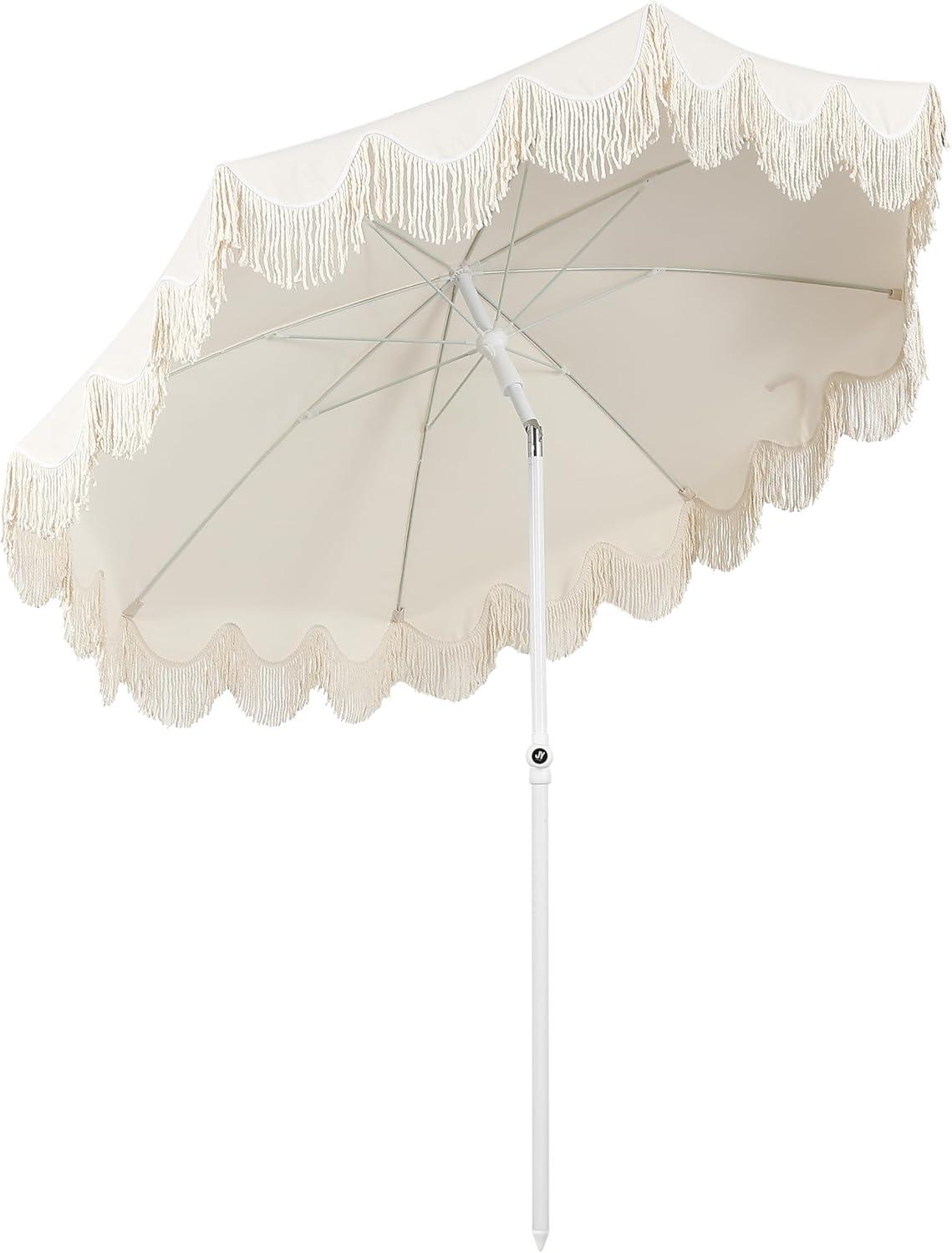 imageJONATHAN Y UMB1005E Mariner 65 ft Classic Cottage Fringe Tassel Market Beach Umbrella with Push Button Tilt Wind Vent and UV Protection and Matching Carry Bag in Cream White PoleCream