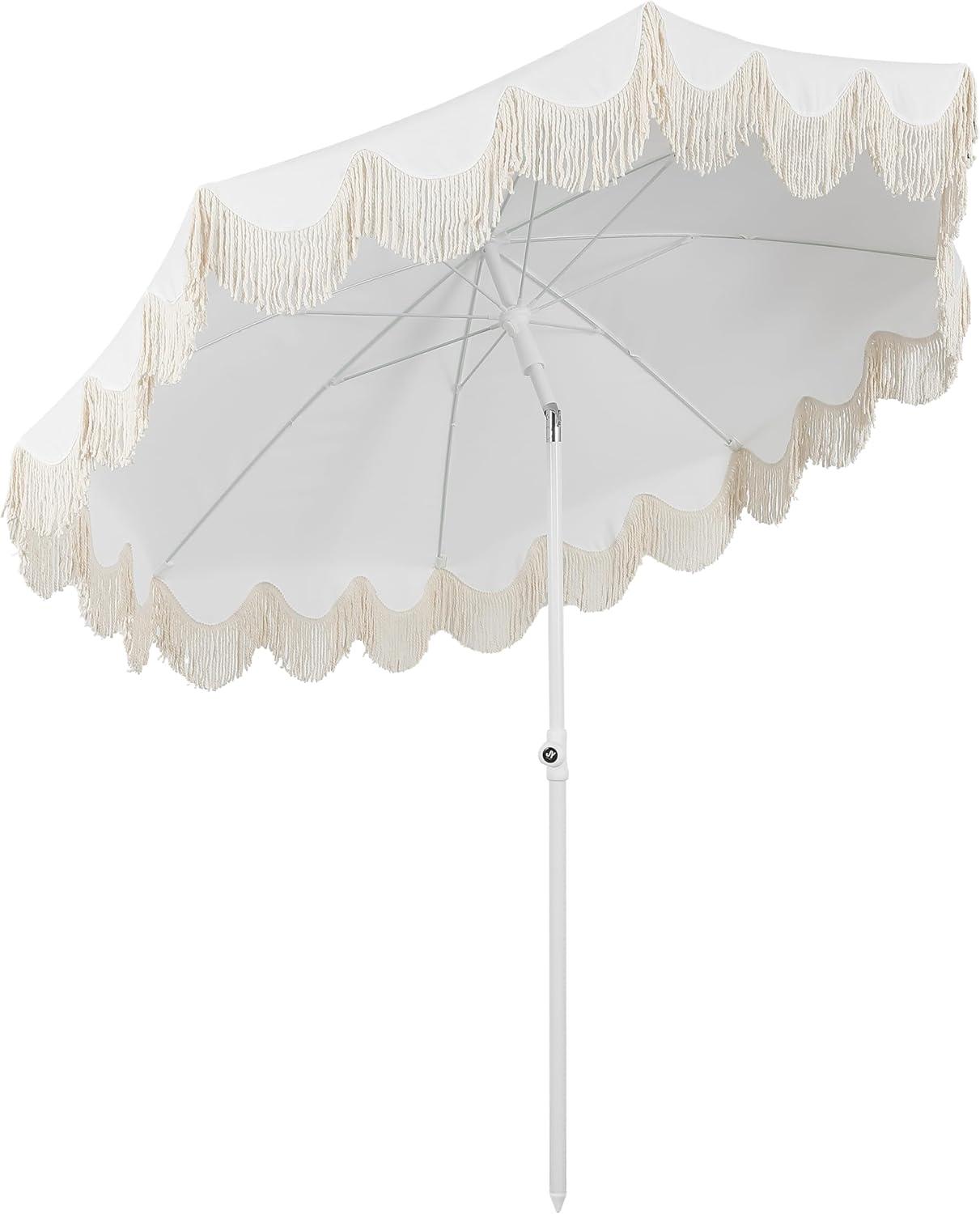 imageJONATHAN Y UMB1005E Mariner 65 ft Classic Cottage Fringe Tassel Market Beach Umbrella with Push Button Tilt Wind Vent and UV Protection and Matching Carry Bag in Cream White PoleWhiteCream