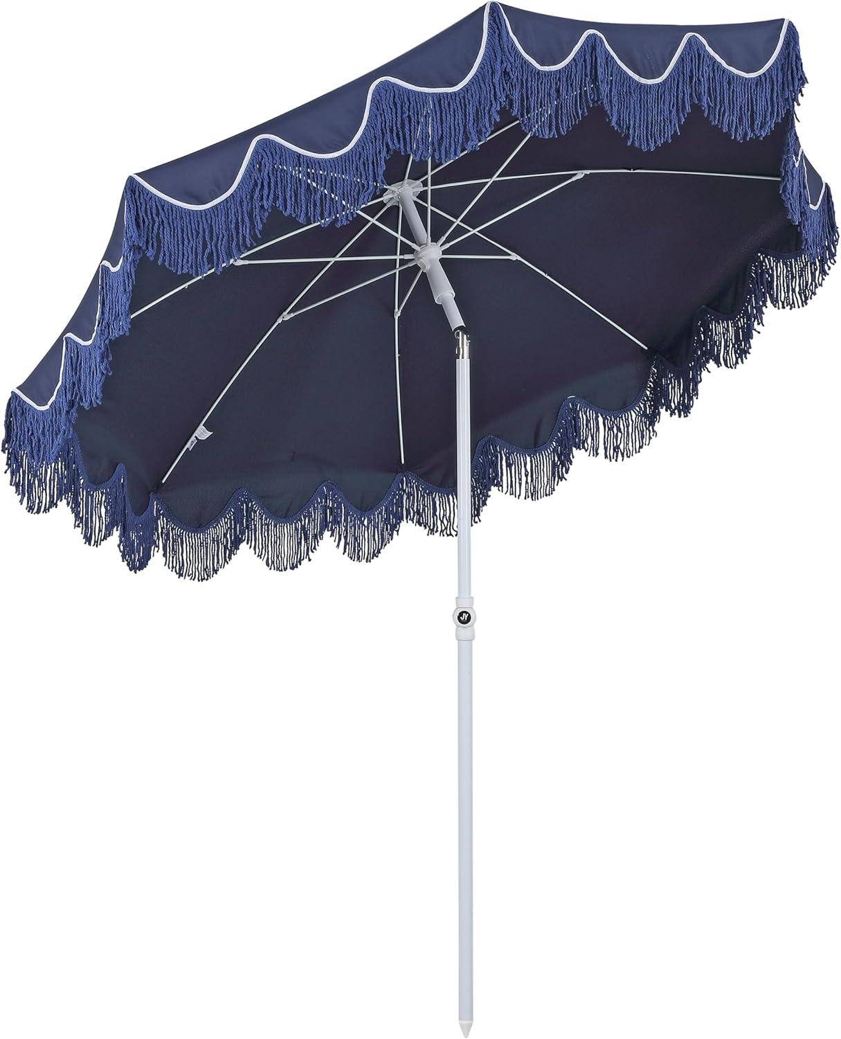 imageJONATHAN Y UMB1005E Mariner 65 ft Classic Cottage Fringe Tassel Market Beach Umbrella with Push Button Tilt Wind Vent and UV Protection and Matching Carry Bag in Cream White PoleNavy