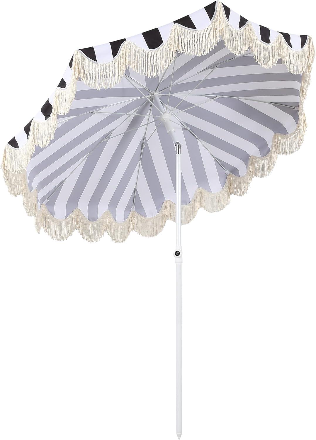 imageJONATHAN Y UMB1005E Mariner 65 ft Classic Cottage Fringe Tassel Market Beach Umbrella with Push Button Tilt Wind Vent and UV Protection and Matching Carry Bag in Cream White PoleBlackWhite