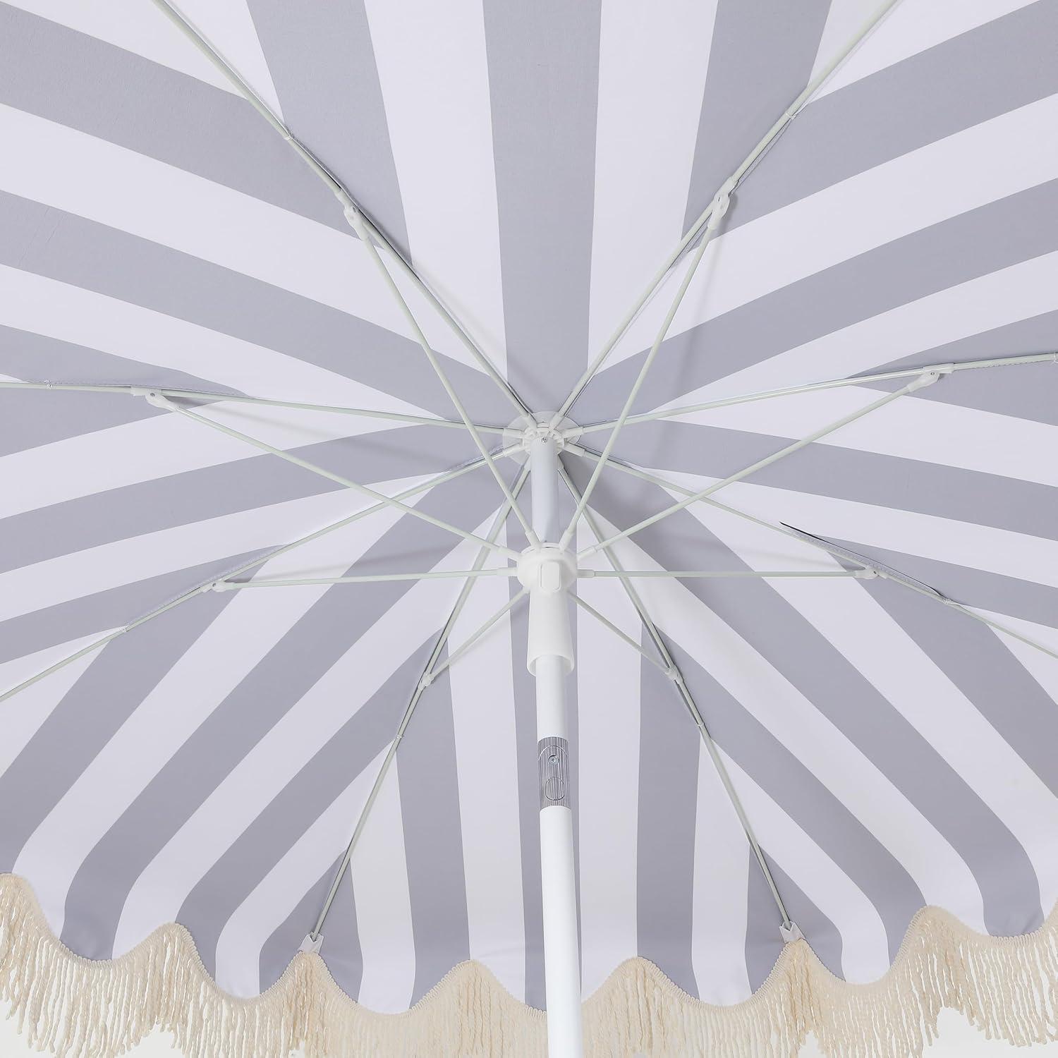 imageJONATHAN Y UMB1005E Mariner 65 ft Classic Cottage Fringe Tassel Market Beach Umbrella with Push Button Tilt Wind Vent and UV Protection and Matching Carry Bag in Cream White PoleBlackWhite