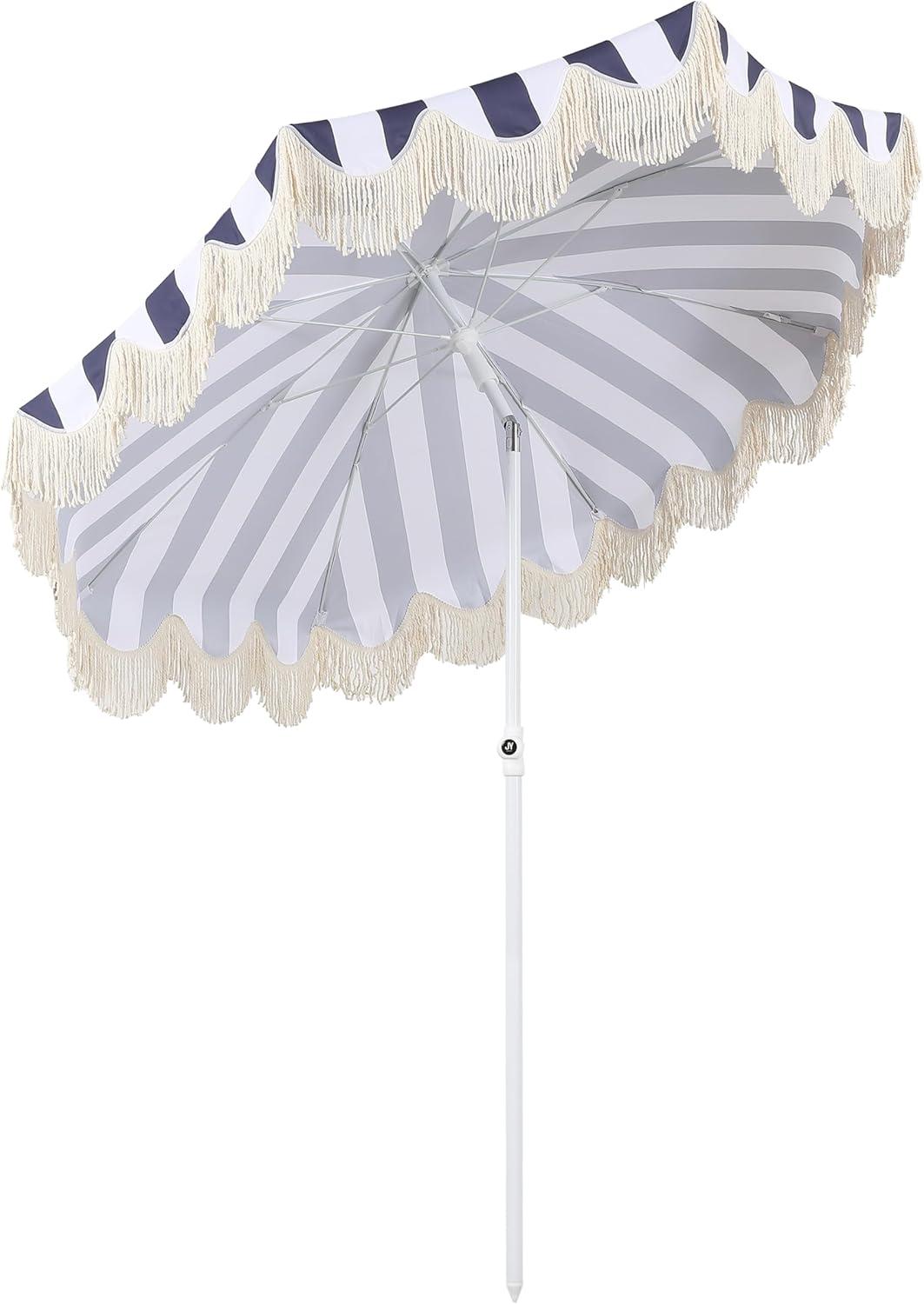 imageJONATHAN Y UMB1005E Mariner 65 ft Classic Cottage Fringe Tassel Market Beach Umbrella with Push Button Tilt Wind Vent and UV Protection and Matching Carry Bag in Cream White PoleNavyWhite