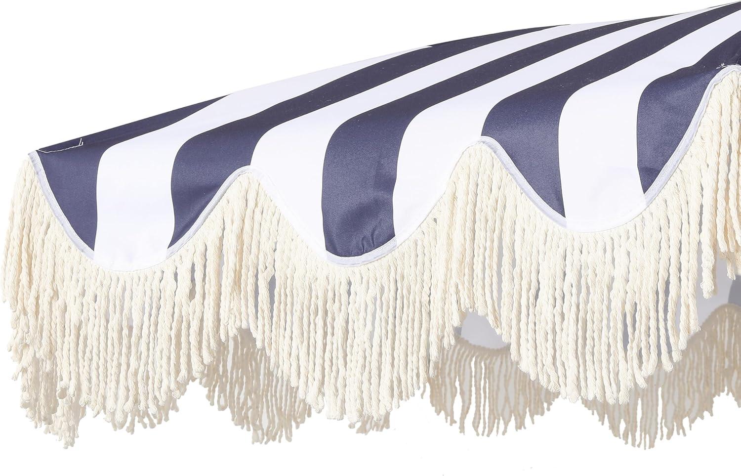 imageJONATHAN Y UMB1005E Mariner 65 ft Classic Cottage Fringe Tassel Market Beach Umbrella with Push Button Tilt Wind Vent and UV Protection and Matching Carry Bag in Cream White PoleNavyWhite