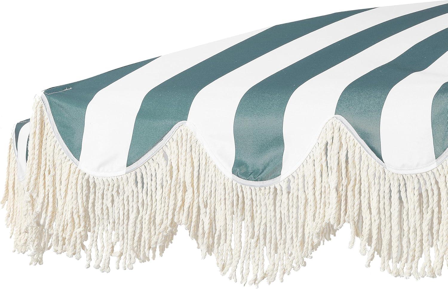 imageJONATHAN Y UMB1005E Mariner 65 ft Classic Cottage Fringe Tassel Market Beach Umbrella with Push Button Tilt Wind Vent and UV Protection and Matching Carry Bag in Cream White PoleGreenWhite