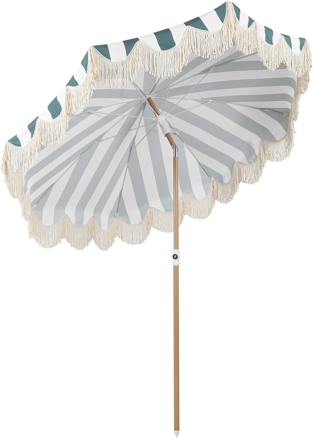 imageJONATHAN Y UMB1005E Mariner 65 ft Classic Cottage Fringe Tassel Market Beach Umbrella with Push Button Tilt Wind Vent and UV Protection and Matching Carry Bag in Cream White PoleGreenWhite