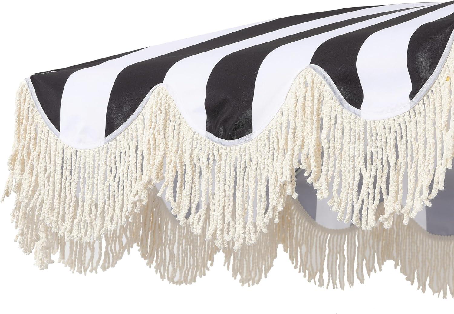 imageJONATHAN Y UMB1005E Mariner 65 ft Classic Cottage Fringe Tassel Market Beach Umbrella with Push Button Tilt Wind Vent and UV Protection and Matching Carry Bag in Cream White PoleBlackWhite