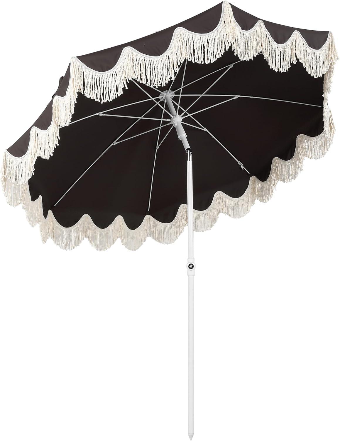 imageJONATHAN Y UMB1005E Mariner 65 ft Classic Cottage Fringe Tassel Market Beach Umbrella with Push Button Tilt Wind Vent and UV Protection and Matching Carry Bag in Cream White PoleBlack