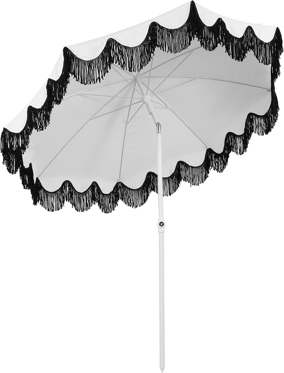 imageJONATHAN Y UMB1005E Mariner 65 ft Classic Cottage Fringe Tassel Market Beach Umbrella with Push Button Tilt Wind Vent and UV Protection and Matching Carry Bag in Cream White PoleWhiteBlack