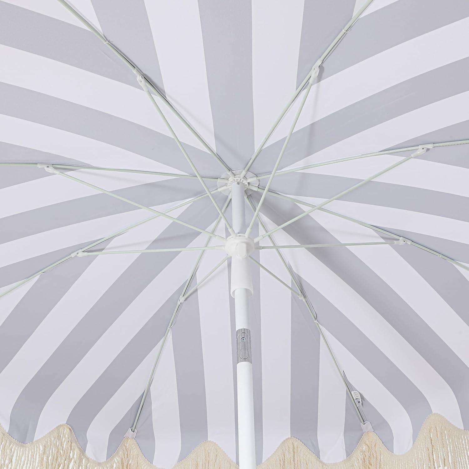 imageJONATHAN Y UMB1005E Mariner 65 ft Classic Cottage Fringe Tassel Market Beach Umbrella with Push Button Tilt Wind Vent and UV Protection and Matching Carry Bag in Cream White PoleNavyWhite