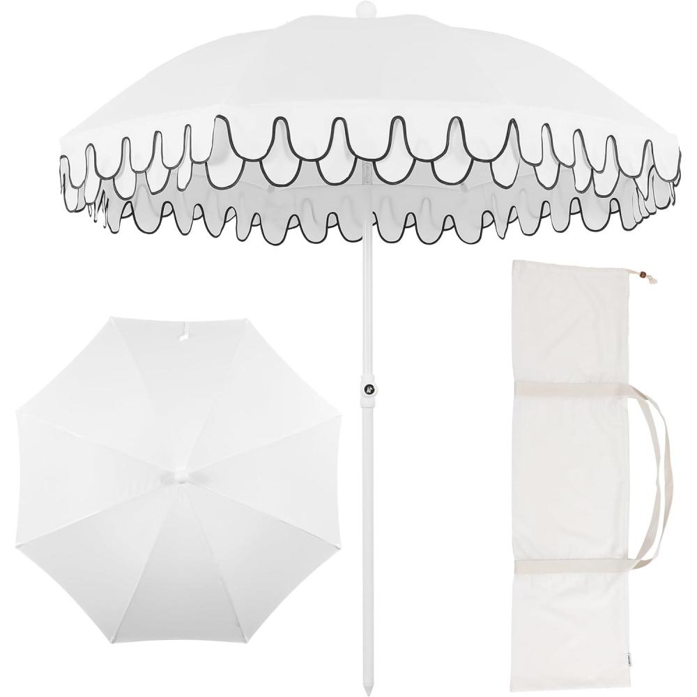 imageJONATHAN Y UMB1004H Horizon 65 ft Classic MidCentury Scalloped Fringe Market Beach Umbrella with PushButton Tilt Wind Vent and UV Protection and Matching Carry Bag in Coral PinkWhite Brown PoleWhite