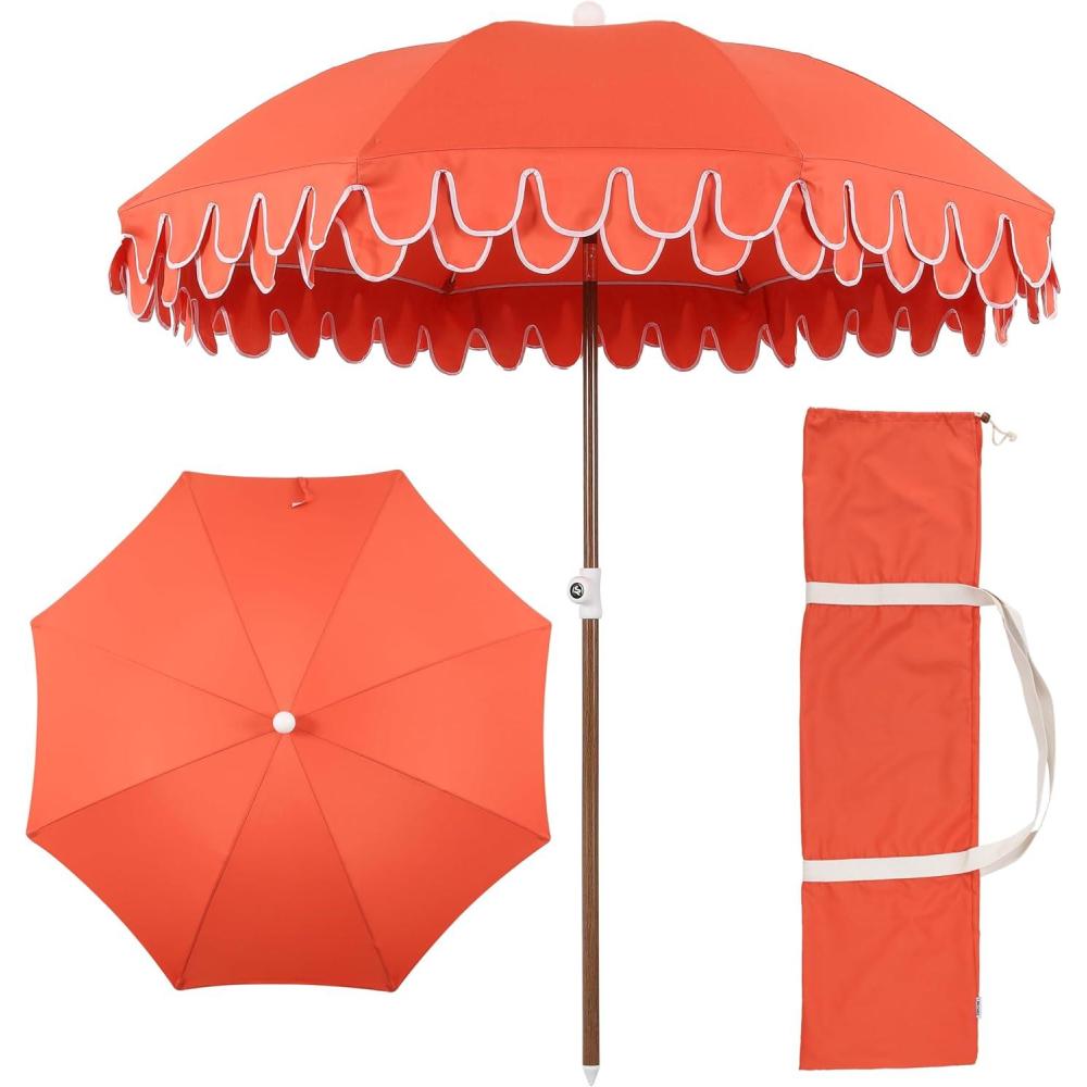 imageJONATHAN Y UMB1004H Horizon 65 ft Classic MidCentury Scalloped Fringe Market Beach Umbrella with PushButton Tilt Wind Vent and UV Protection and Matching Carry Bag in Coral PinkWhite Brown PoleCoral Red