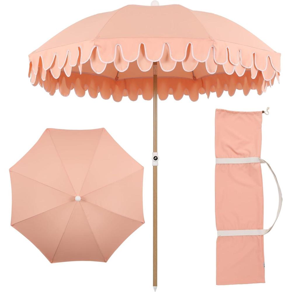 imageJONATHAN Y UMB1004H Horizon 65 ft Classic MidCentury Scalloped Fringe Market Beach Umbrella with PushButton Tilt Wind Vent and UV Protection and Matching Carry Bag in Coral PinkWhite Brown PoleCoral Pink