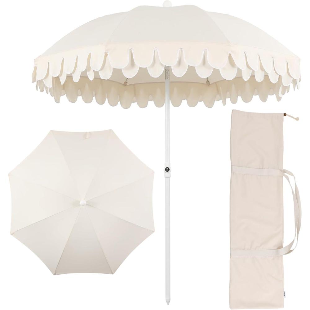 imageJONATHAN Y UMB1004H Horizon 65 ft Classic MidCentury Scalloped Fringe Market Beach Umbrella with PushButton Tilt Wind Vent and UV Protection and Matching Carry Bag in Coral PinkWhite Brown PoleCream