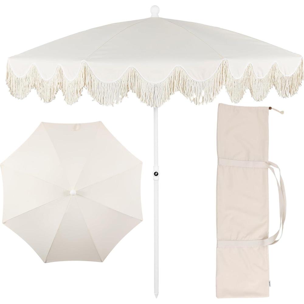 imageJONATHAN Y UMB1005E Mariner 65 ft Classic Cottage Fringe Tassel Market Beach Umbrella with Push Button Tilt Wind Vent and UV Protection and Matching Carry Bag in Cream White PoleCream