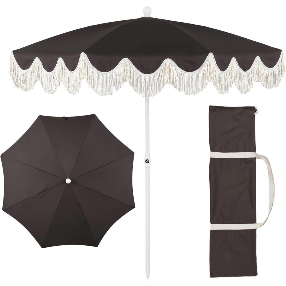 imageJONATHAN Y UMB1005E Mariner 65 ft Classic Cottage Fringe Tassel Market Beach Umbrella with Push Button Tilt Wind Vent and UV Protection and Matching Carry Bag in Cream White PoleBlack