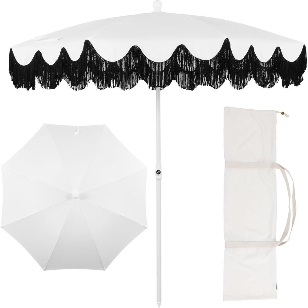 imageJONATHAN Y UMB1005E Mariner 65 ft Classic Cottage Fringe Tassel Market Beach Umbrella with Push Button Tilt Wind Vent and UV Protection and Matching Carry Bag in Cream White PoleWhiteBlack