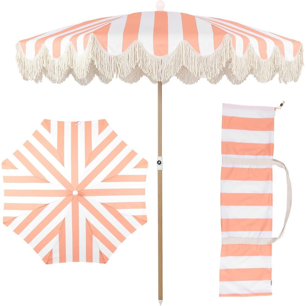 imageJONATHAN Y UMB1005E Mariner 65 ft Classic Cottage Fringe Tassel Market Beach Umbrella with Push Button Tilt Wind Vent and UV Protection and Matching Carry Bag in Cream White PoleCoral PinkWhite