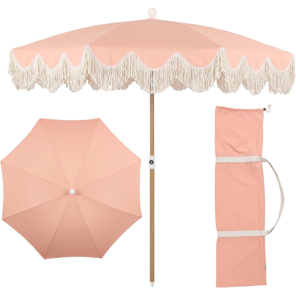 imageJONATHAN Y UMB1005E Mariner 65 ft Classic Cottage Fringe Tassel Market Beach Umbrella with Push Button Tilt Wind Vent and UV Protection and Matching Carry Bag in Cream White PoleCoral Pink