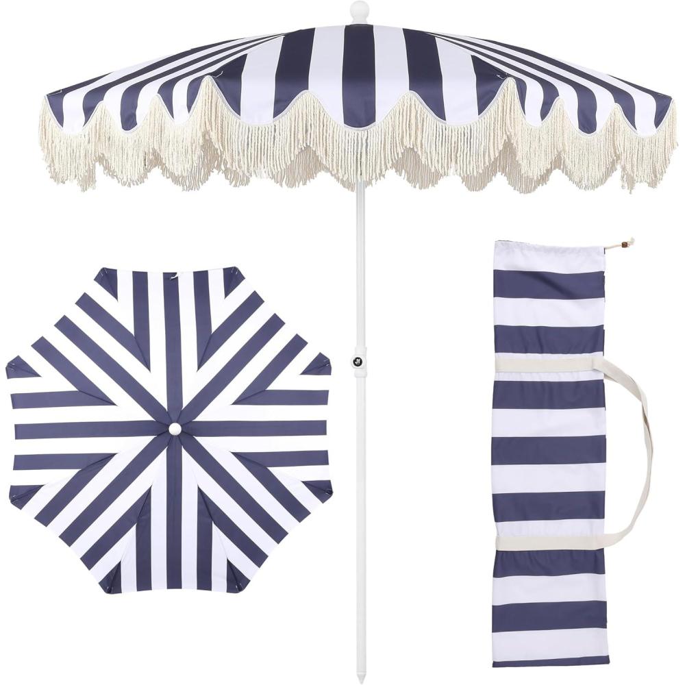 imageJONATHAN Y UMB1005E Mariner 65 ft Classic Cottage Fringe Tassel Market Beach Umbrella with Push Button Tilt Wind Vent and UV Protection and Matching Carry Bag in Cream White PoleNavyWhite