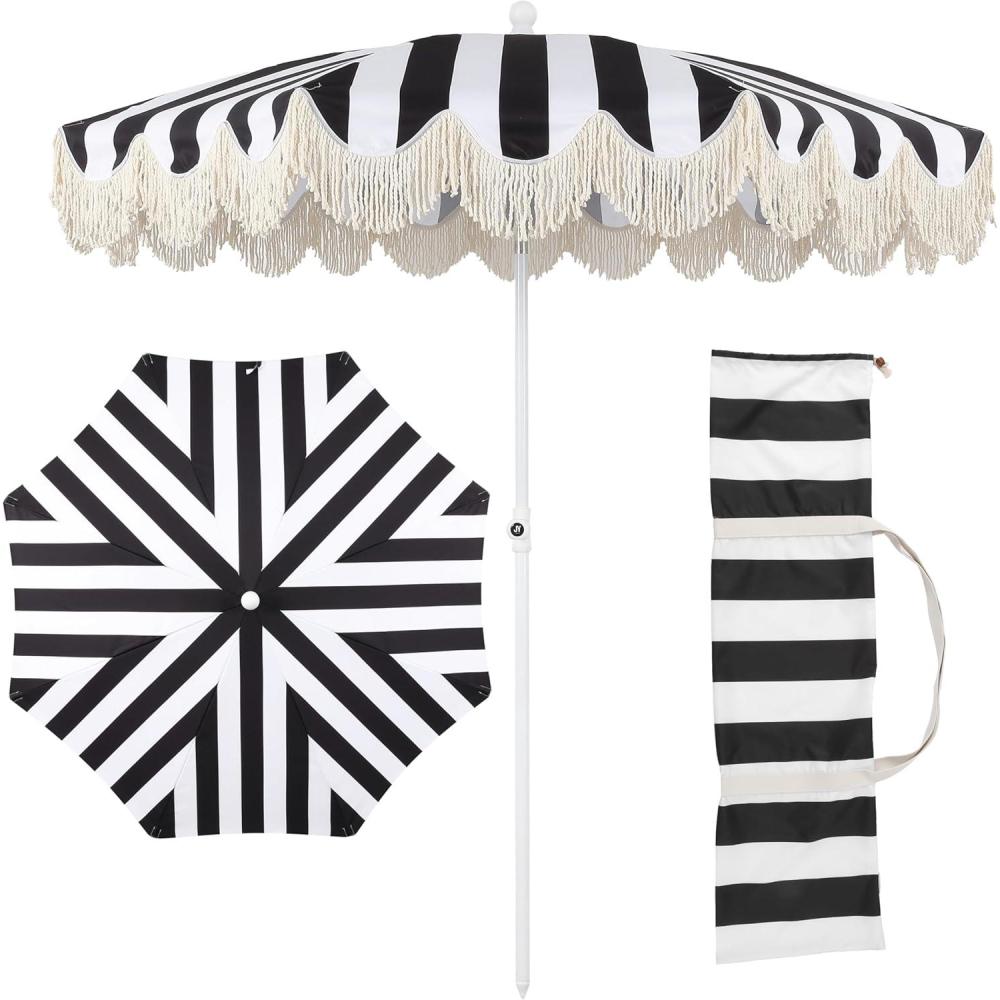 imageJONATHAN Y UMB1005E Mariner 65 ft Classic Cottage Fringe Tassel Market Beach Umbrella with Push Button Tilt Wind Vent and UV Protection and Matching Carry Bag in Cream White PoleBlackWhite