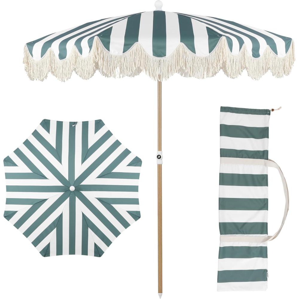 imageJONATHAN Y UMB1005E Mariner 65 ft Classic Cottage Fringe Tassel Market Beach Umbrella with Push Button Tilt Wind Vent and UV Protection and Matching Carry Bag in Cream White PoleGreenWhite