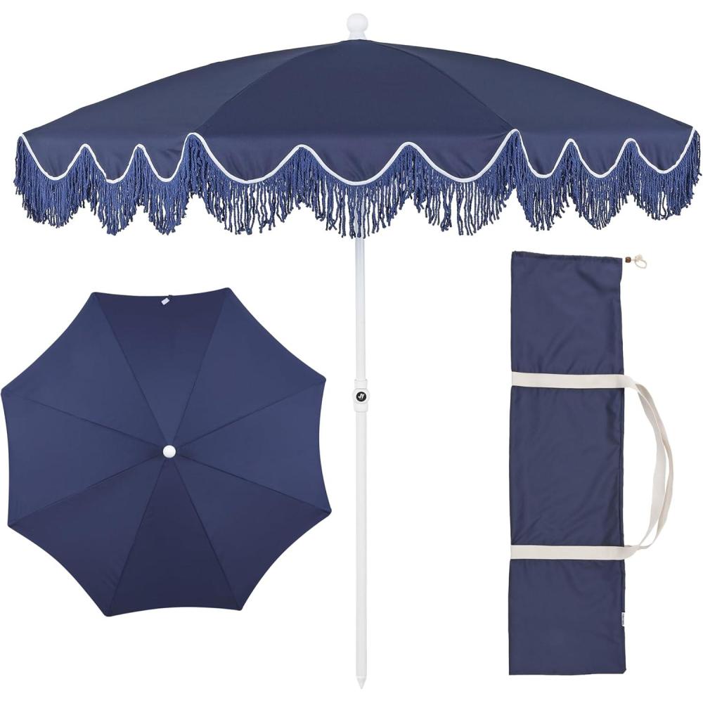 imageJONATHAN Y UMB1005E Mariner 65 ft Classic Cottage Fringe Tassel Market Beach Umbrella with Push Button Tilt Wind Vent and UV Protection and Matching Carry Bag in Cream White PoleNavy