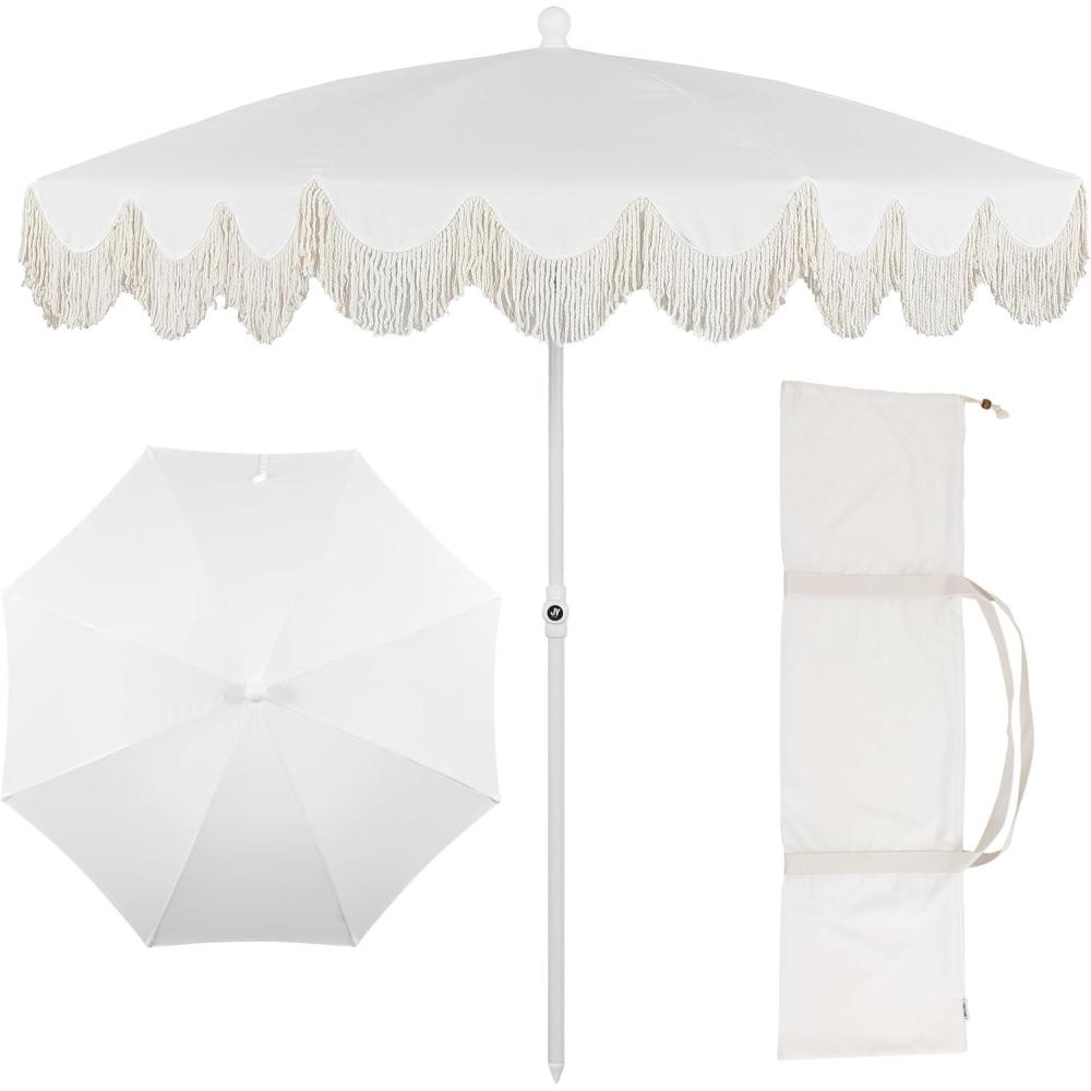 imageJONATHAN Y UMB1005E Mariner 65 ft Classic Cottage Fringe Tassel Market Beach Umbrella with Push Button Tilt Wind Vent and UV Protection and Matching Carry Bag in Cream White PoleWhiteCream