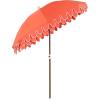 JONATHAN Y UMB1004H Horizon 6.5 ft. Classic MidCentury Scalloped Fringe Market Beach Umbrella with Push-Button Tilt, Wind Vent and UV Protection, and Matching Carry Bag in Coral Pink/White, Brown Pole(Coral Red)