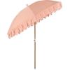 JONATHAN Y UMB1004H Horizon 6.5 ft. Classic MidCentury Scalloped Fringe Market Beach Umbrella with Push-Button Tilt, Wind Vent and UV Protection, and Matching Carry Bag in Coral Pink/White, Brown Pole(Coral Pink)