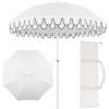 JONATHAN Y UMB1004H Horizon 6.5 ft. Classic MidCentury Scalloped Fringe Market Beach Umbrella with Push-Button Tilt, Wind Vent and UV Protection, and Matching Carry Bag in Coral Pink/White, Brown Pole(White)
