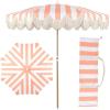 JONATHAN Y UMB1005E Mariner 6.5 ft. Classic Cottage Fringe Tassel Market Beach Umbrella with Push Button Tilt, Wind Vent and UV Protection, and Matching Carry Bag in Cream, White Pole(Coral Pink/White)