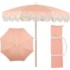 JONATHAN Y UMB1005E Mariner 6.5 ft. Classic Cottage Fringe Tassel Market Beach Umbrella with Push Button Tilt, Wind Vent and UV Protection, and Matching Carry Bag in Cream, White Pole(Coral Pink)