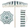 JONATHAN Y UMB1005E Mariner 6.5 ft. Classic Cottage Fringe Tassel Market Beach Umbrella with Push Button Tilt, Wind Vent and UV Protection, and Matching Carry Bag in Cream, White Pole(Green/White)