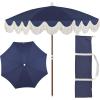 JONATHAN Y UMB1005E Mariner 6.5 ft. Classic Cottage Fringe Tassel Market Beach Umbrella with Push Button Tilt, Wind Vent and UV Protection, and Matching Carry Bag in Cream, White Pole(Navy/Cream)
