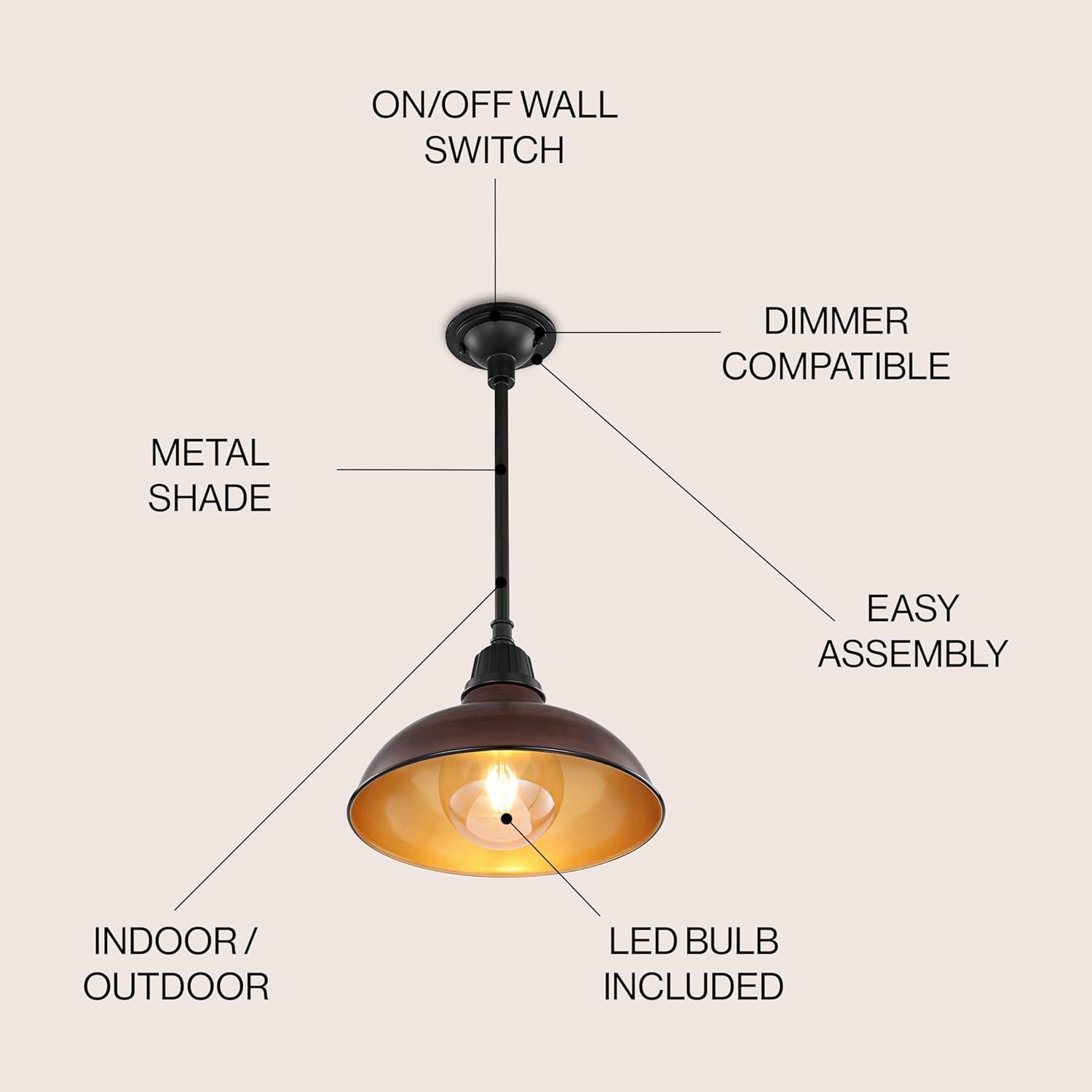 imageJONATHAN Y JYL7611B Jasper 1225quot 1Light Farmhouse Industrial IndoorOutdoor Iron LED Round Pendant Metal Bowl Shade Vintage Cottage Rustic Porch Patio Yard Barn BlackWood FinishBlack