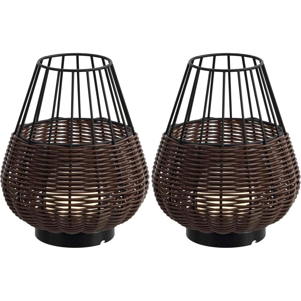 imageJONATHAN Y JYL7154BSET2 Elian 10quot Modern Rustic Decorative IndoorOutdoor Faux Wicker RechargeableCordless Dimmable Integrated LED Table Lamp for Patio Porch Backyard Light BrownBrown Set of 2Dark BrownBlack