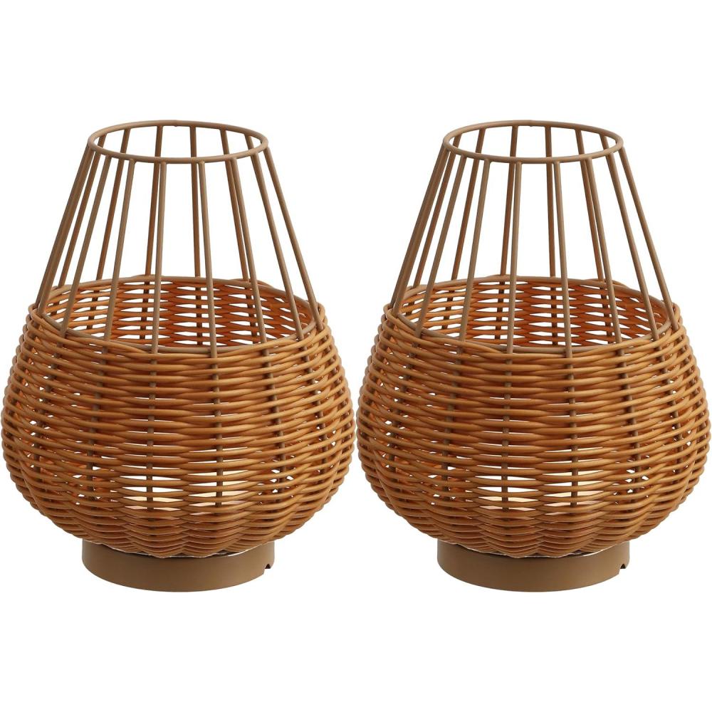 imageJONATHAN Y JYL7154BSET2 Elian 10quot Modern Rustic Decorative IndoorOutdoor Faux Wicker RechargeableCordless Dimmable Integrated LED Table Lamp for Patio Porch Backyard Light BrownBrown Set of 2Light BrownBrown