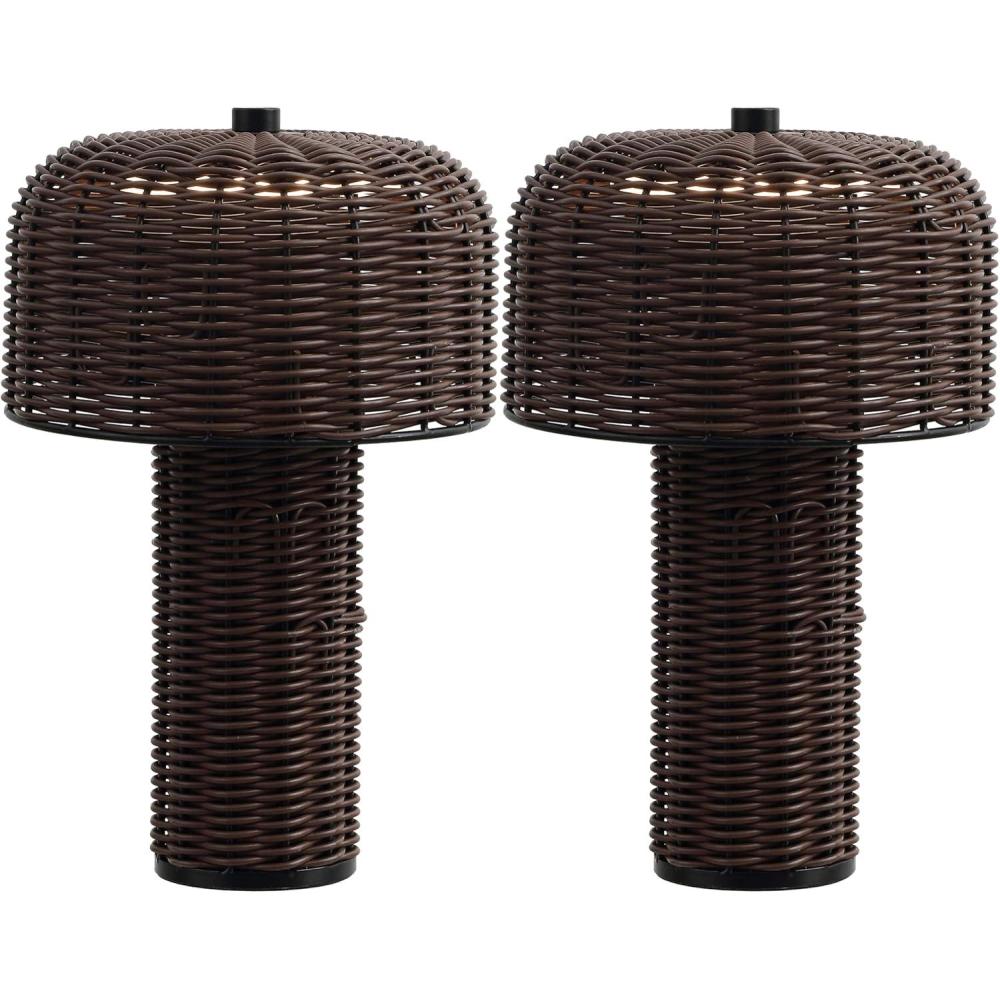 imageJONATHAN Y JYL7155ASET2 Mia 10quot Modern Scandinavian IndoorOutdoor Faux Wicker RechargeableCordless Dimmable Integrated LED Table Lamp for Patio Porch Backyard Dark BrownBlack Set of 2Dark BrownBlack