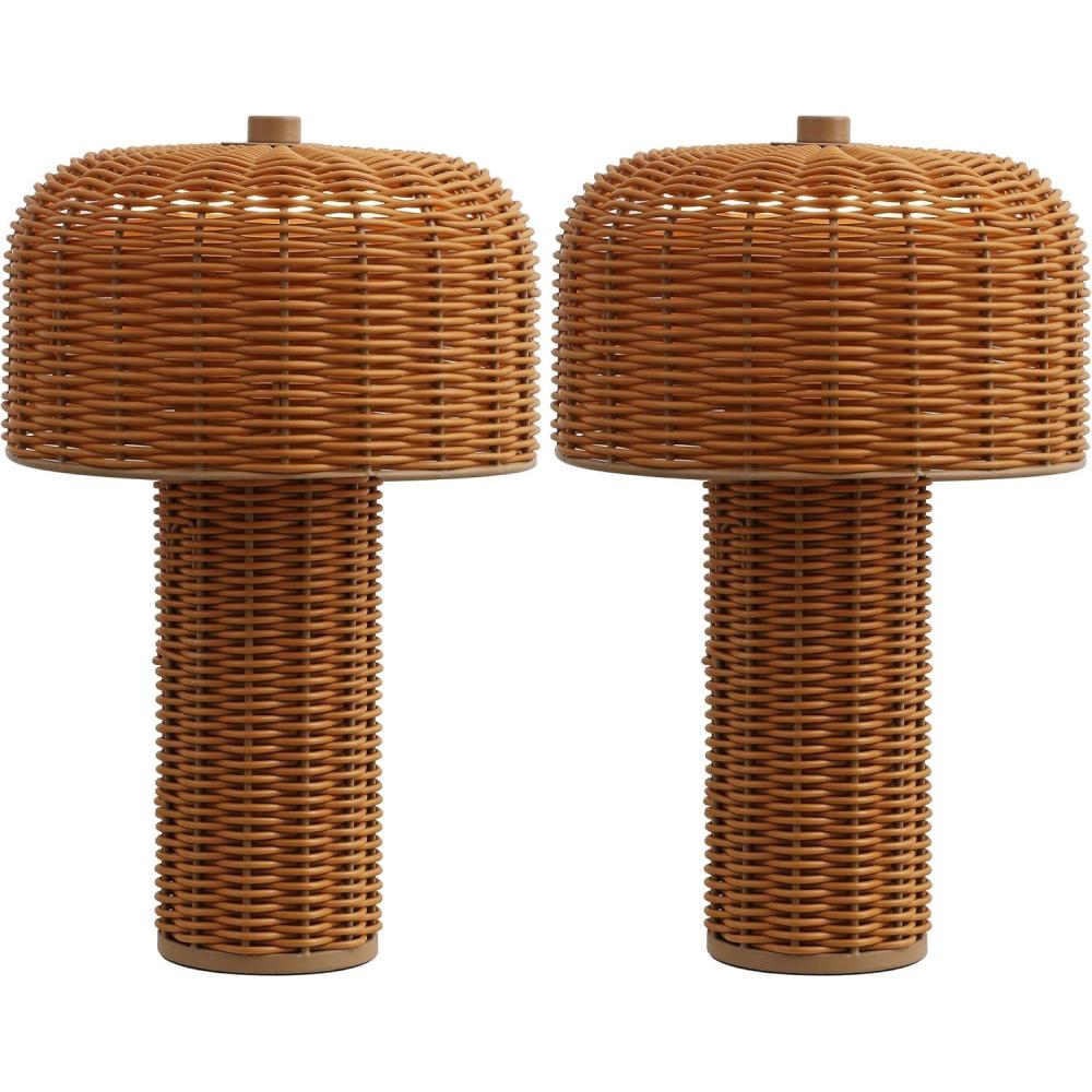 imageJONATHAN Y JYL7155ASET2 Mia 10quot Modern Scandinavian IndoorOutdoor Faux Wicker RechargeableCordless Dimmable Integrated LED Table Lamp for Patio Porch Backyard Dark BrownBlack Set of 2Light BrownBrown