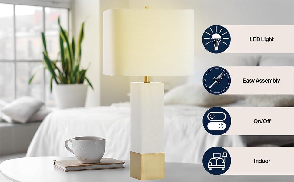 imageJONATHAN Y JYL5009A Jeffrey 29quot MetalMarble LED Table Lamp Contemporary Transitional Bedside Desk Nightstand Lamp for Bedroom Living Room Office College Bookcase LED Bulb Included Brass GoldWhite