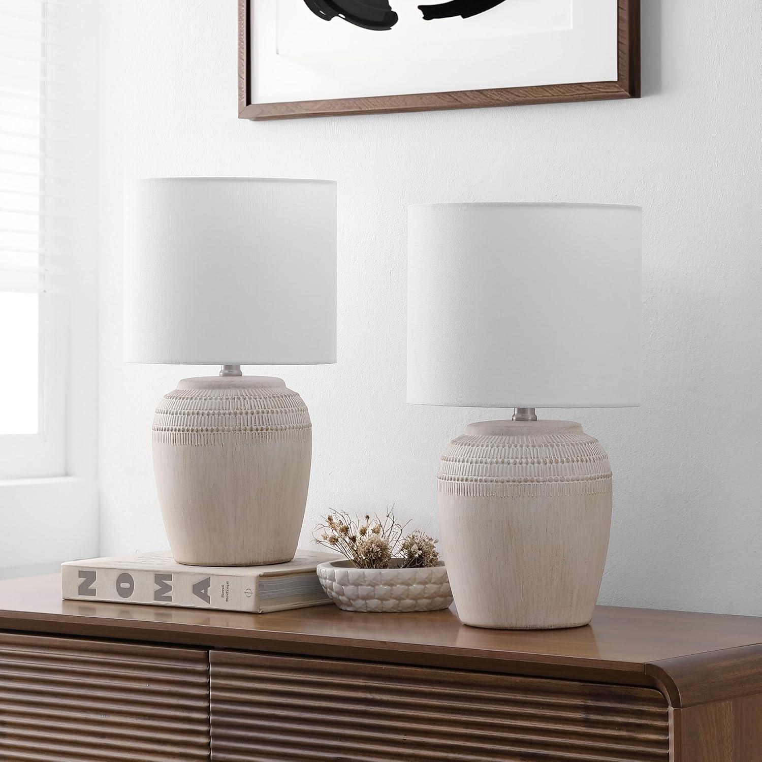 imageJONATHAN Y JYL5707BSET2 Hugo 1675quot Traditional Rustic Reeded Ceramic Vase LED Table Lamp for Living Room Family Room Dining Room Bedroom Hallway Office Antique White Set of 2Antique WhiteNickel